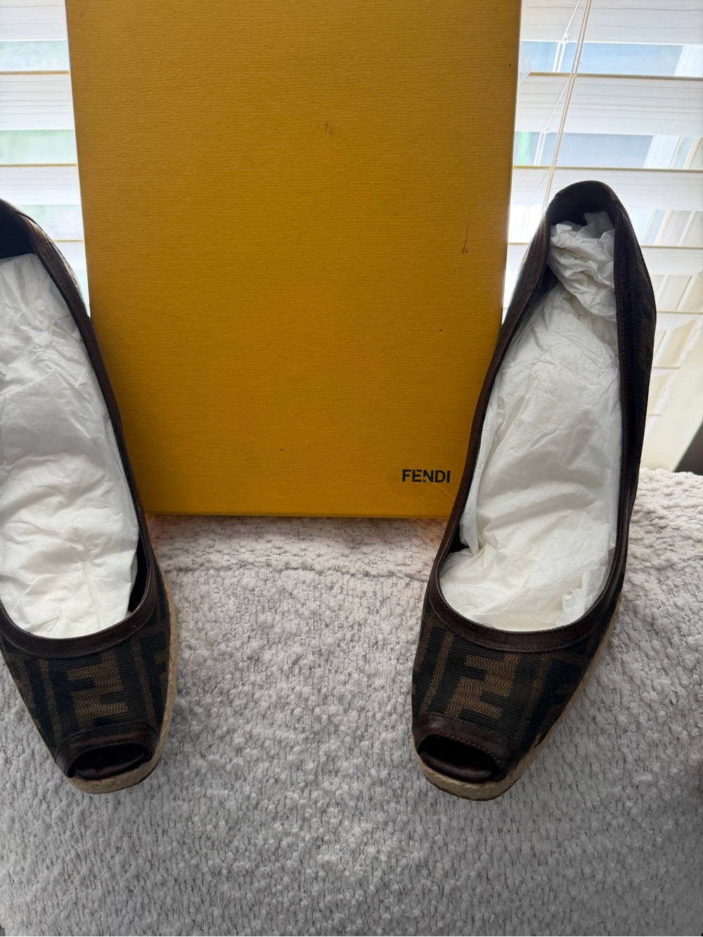 Fendi Brown Monogram Peep-Toe Espadrille Wedges. Size 11